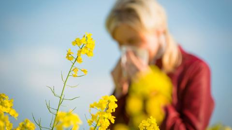 Frau schnupft sich im Hintergrund die Nase, im Vordergrund fliegen Pollen
