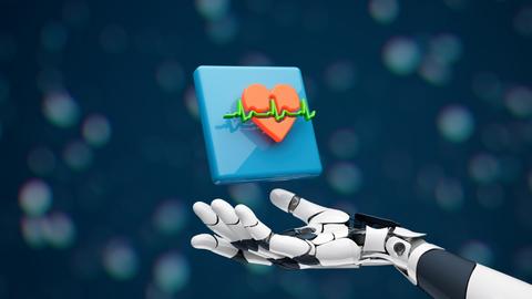 Roboterhand und Symbol des Herzens und des EKG