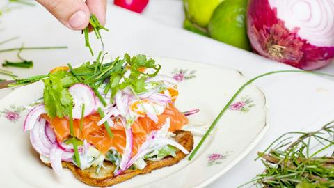 Teller mit einem Brot mit Lachs, Gemüse und Kräutern belegt