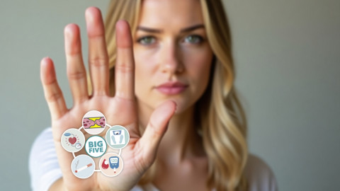 Frau macht mit der Hand ein Stoppzeichen und in der Handfläche sind Icons von den Big Five (Cholesterin, Übergewicht, Blutzucker, Rauchen auf hören und Bluthochdruck)
