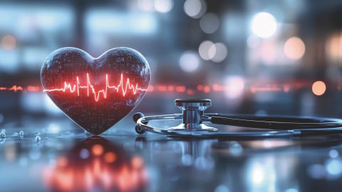 Herz mit EKG-Linie, daneben liegt ein  Stethoskop.